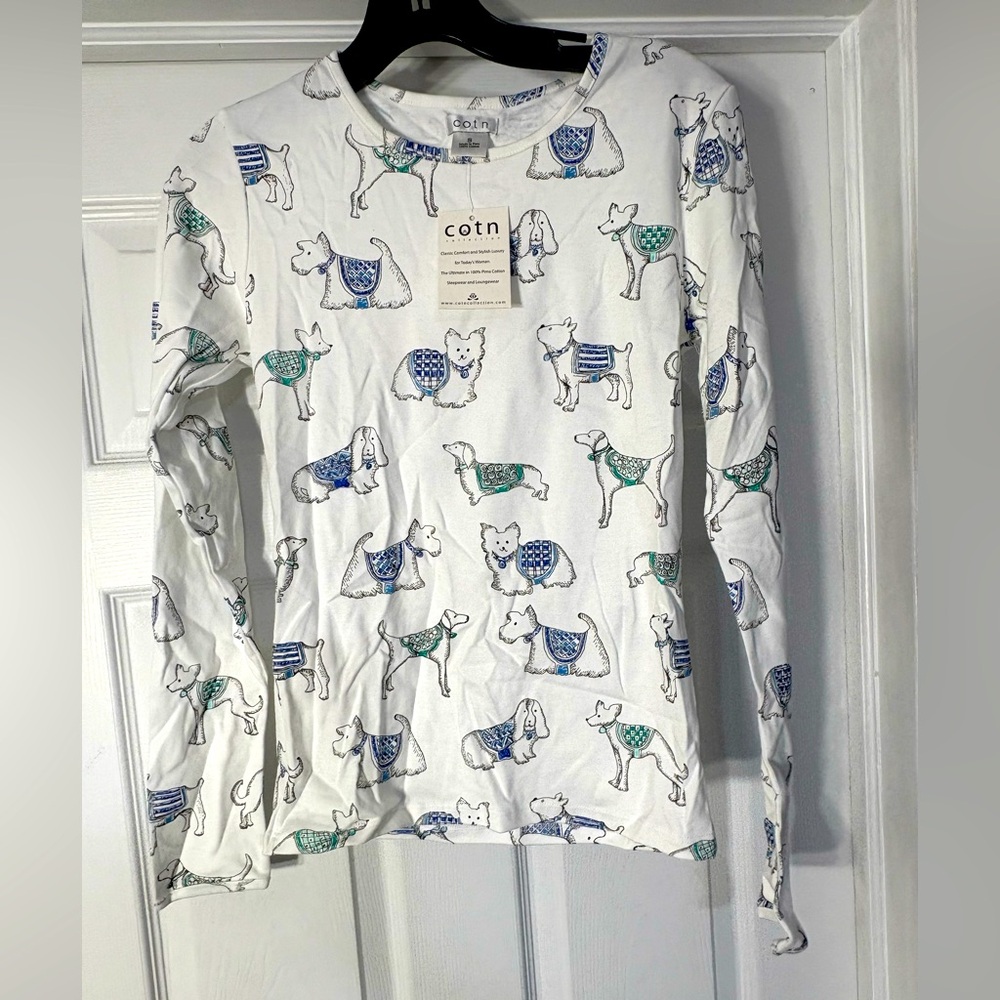 Cotn White Long Sleeve Shirt with Blue Dog Print